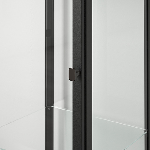 Primer plano de la manija de la puerta de los gabinetes de vidrio modernos. Elegante acabado oscuro, con panel de vidrio transparente y borde de metal negro.