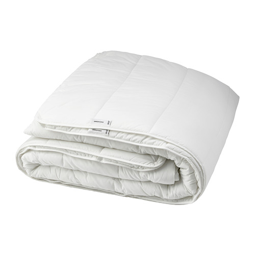 Ikea SMÅSPORRE white comforter, folded, rectangle with box stitching.
