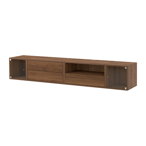 Mueble alto de madera marrón EKET, espacioso con cajones, cuatro compartimentos, líneas limpias y modernas, almacenamiento montado en la pared.