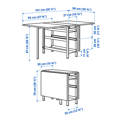 Measurement Illustration - VIHALS drop leaf dining table and 4 foldable chairs