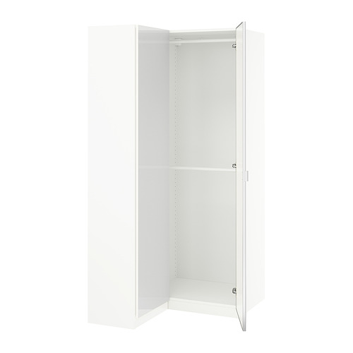 A white ikea PAX wardrobe with mirrored doors, containing adjustable shelves, and a modern design.