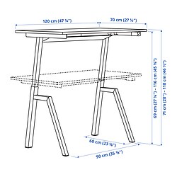 Ilustración de medidas - TROTTEN mesa sentado/de pie