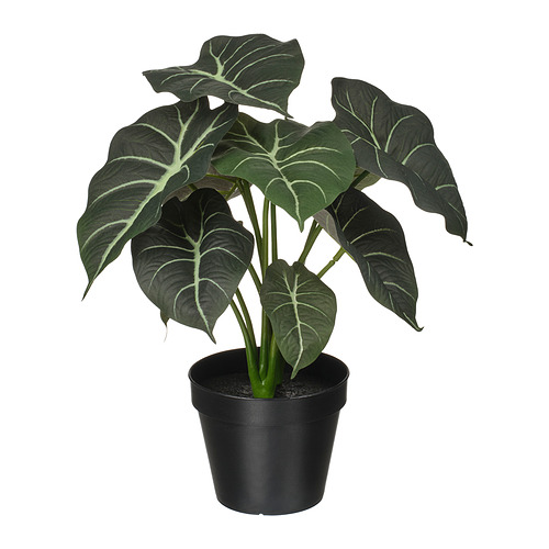 Planta artificial FEJKA en maceta negra con grandes hojas verdes. Respetuoso con el medio ambiente, fabricado con plásticos reciclados, vibrante y de bajo mantenimiento.