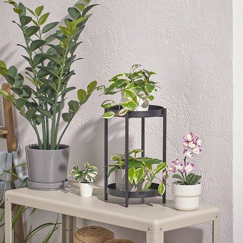 Small FEJKA plant: purple leaves, plastic, elegant stand, fits shelf, near larger plants.