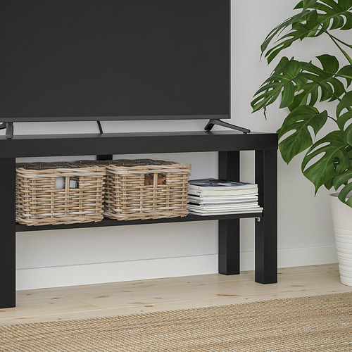 Mueble de tv NEGRO con almacenamiento de cesta. Sostiene revistas y esconde cables.