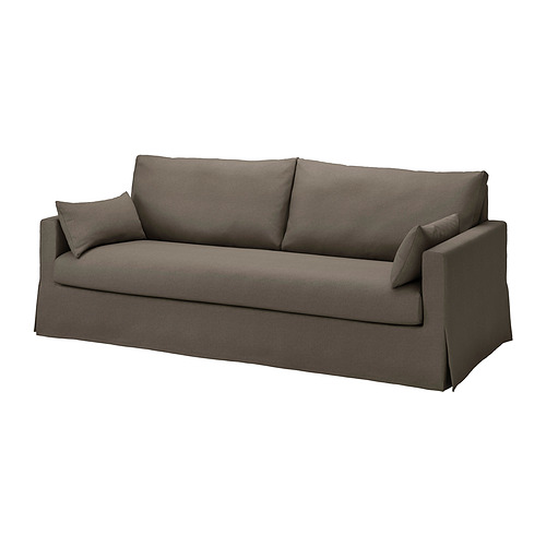 Sofá HYLTARP gris, diseño moderno, cojines suaves, tejido de lino y viscosa.