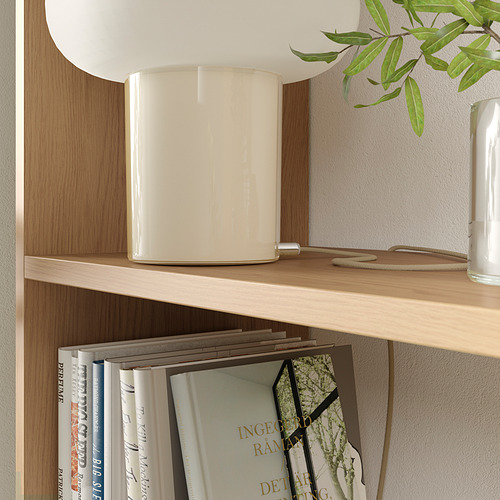 Un estante de almacenamiento LÅDMAKARE de color crema con libros y plantas.