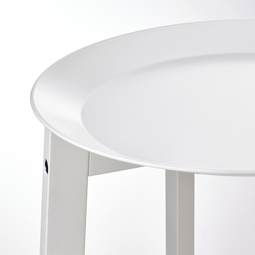 Soporte redondo blanco para plantas con bandeja lisa con recubrimiento en polvo, sostenido por robustas patas de madera.
