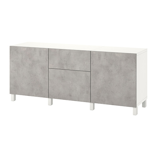 White sideboard with three grey concrete-effect doors, sleek design.