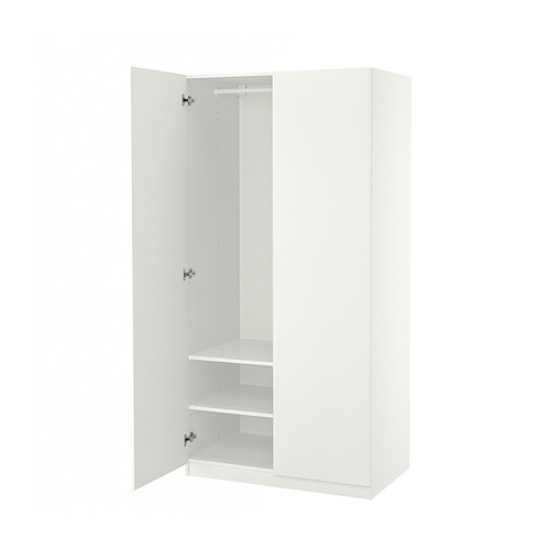 White PAX wardrobe with open door showing shelves.