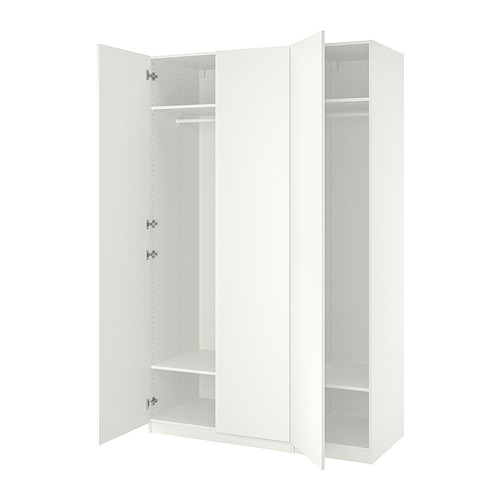 White ikea PAX wardrobe with open doors, featuring shelves and rails.