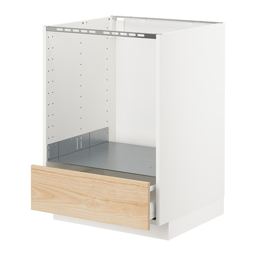 White METOD kitchen cabinet with ash drawer, minimalist design, partially open.
