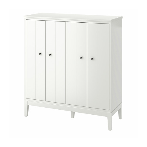 An IDANÄS white cabinet with four folding doors, standing on four legs, offering a modern and timeless design.
