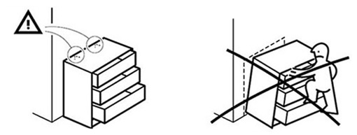 Safety illustration warning to anchor the dresser to the wall and not climb on drawers.