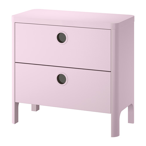 Light pink two-drawer nightstand dresser with round black pull handles.