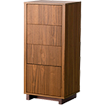 Tall brown wooden dresser with four drawers on a white background.