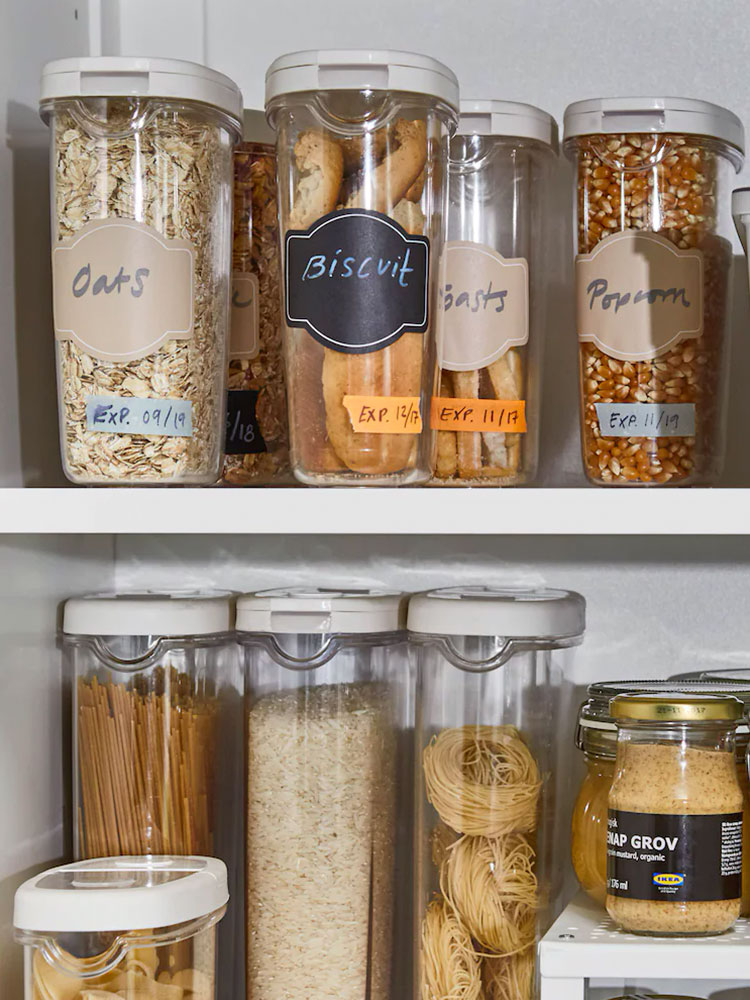 Dry food jars with lid in a kitchen storage