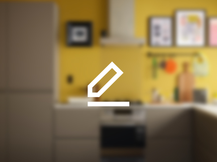 Minimalist drawing of a pencil writing on a surface, vector style, on a background of a modern kitchen completely unfocused.