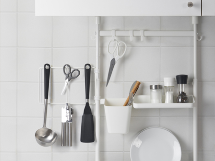  IKEA 365 + kitchen utensils on SUNNERSTA adjustable rack with hooks