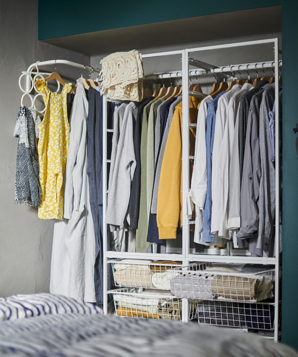 A wardrobe for quantity and the type of clothes you have and how you like to store them
