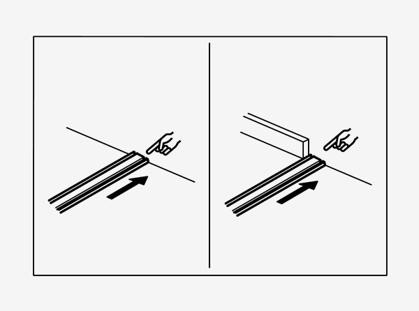 Illustration shows installing a sliding door floor track, pushing it into place on a flat floor or against a wall.