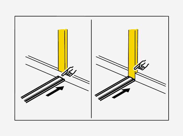 Illustration shows installing a sliding door floor track, pushing it into place on a flat floor or against a wall.