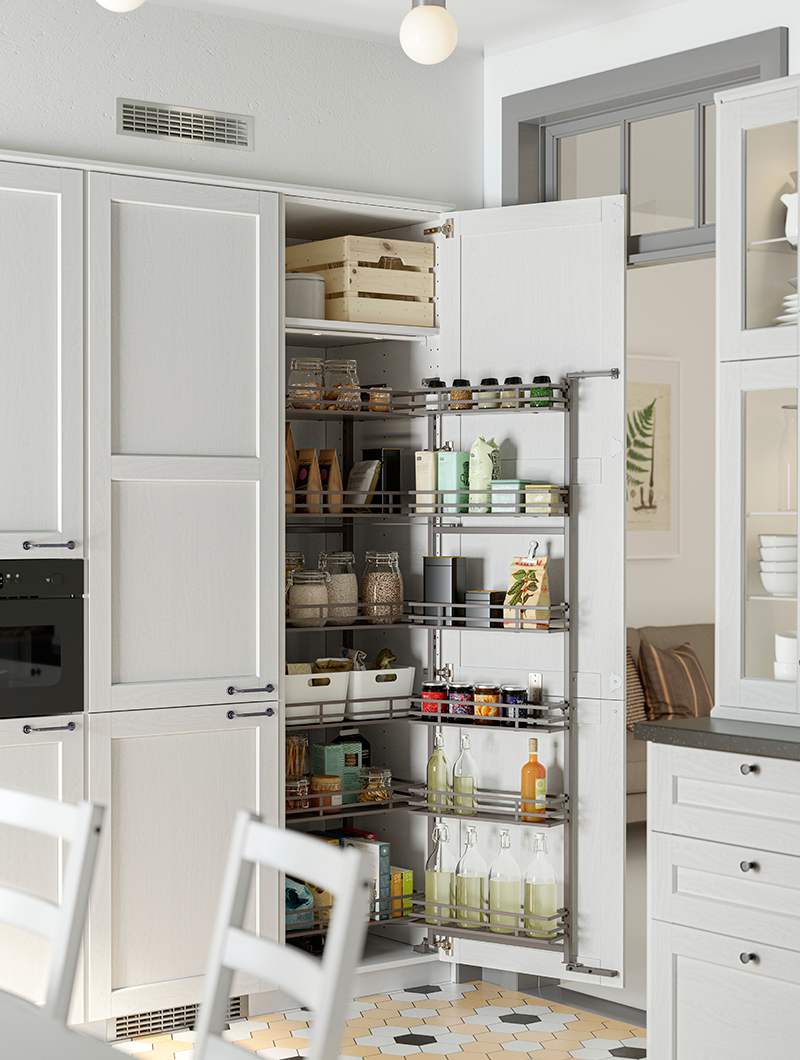 White METOD tall kitchen cabinet with open door revealing pull-out pantry shelving filled with food containers.