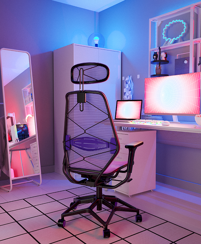 Gaming setup: black mesh chair, white desk, two pink glowing monitors, neon lights (speech bubble), and a lamp bulb on the cabinet.