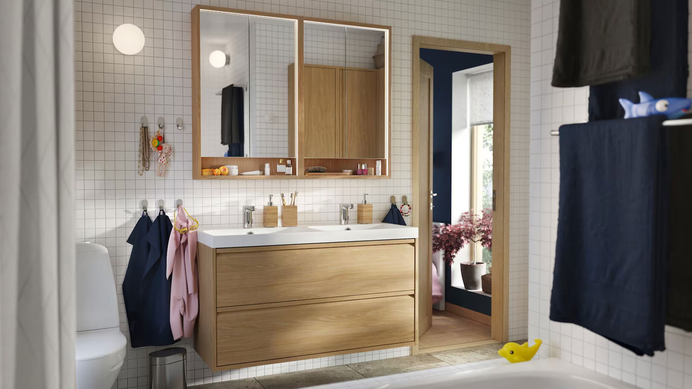 Spacious modern elegant bathroom vanity with double sink and double mirror