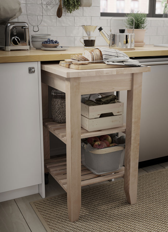 Kitchen cart coming out of a space under a kitchen cabinet