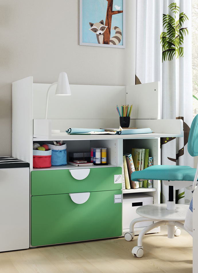 A SMÅSTAD storage bench with BEGRIPA handles and a MÅLA painting kit, with a VIMUND desk chair to the right.