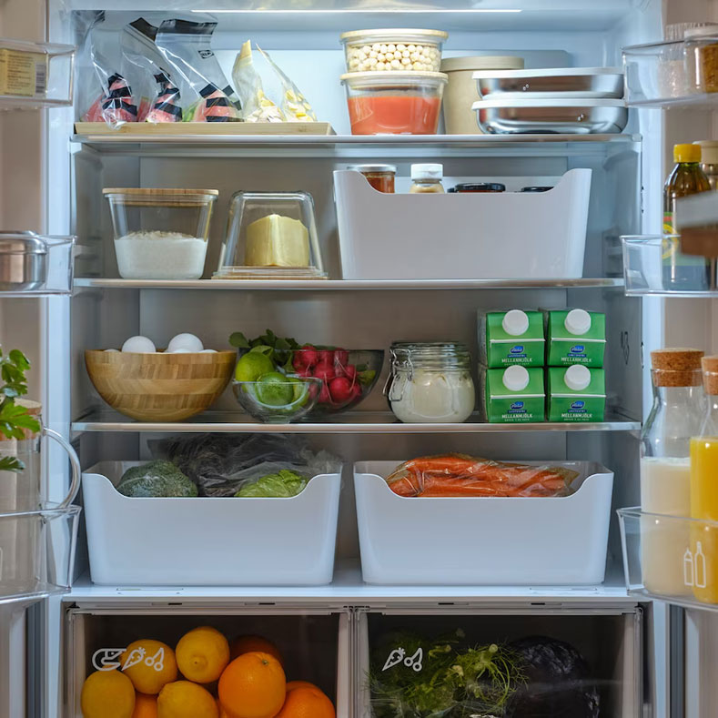 Fridge with space-efficient and organizational boxes