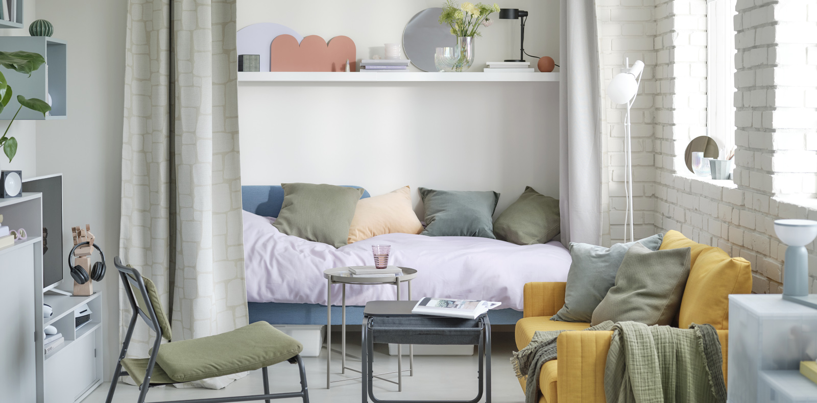 All-in-one environment with bed, wall shelves, EKET, LACK, GLADOM side table, SPIKSMED cabinet, BLASER mirror, and RAFFELBJÖRK tray.