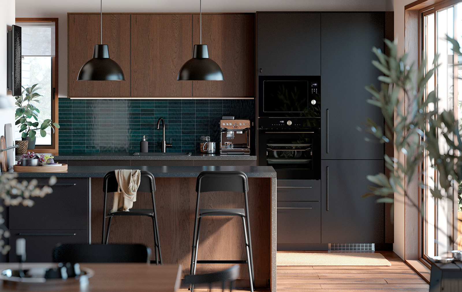 Modern kitchen with dark and wood cabinets. Blue tiles and black pendant lights.