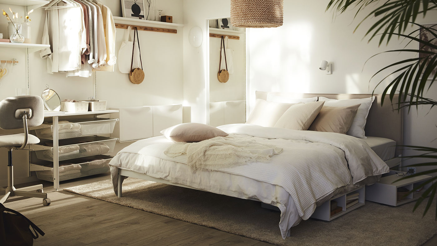bedroom ready for summer. Lighter textiles, soft colors and pastel tones