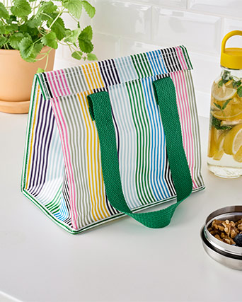 Colorful striped lunch bag with green handles, a plant in a terracotta pot, a lemon water bottle, and a steel container of nuts/berries on a white counter.