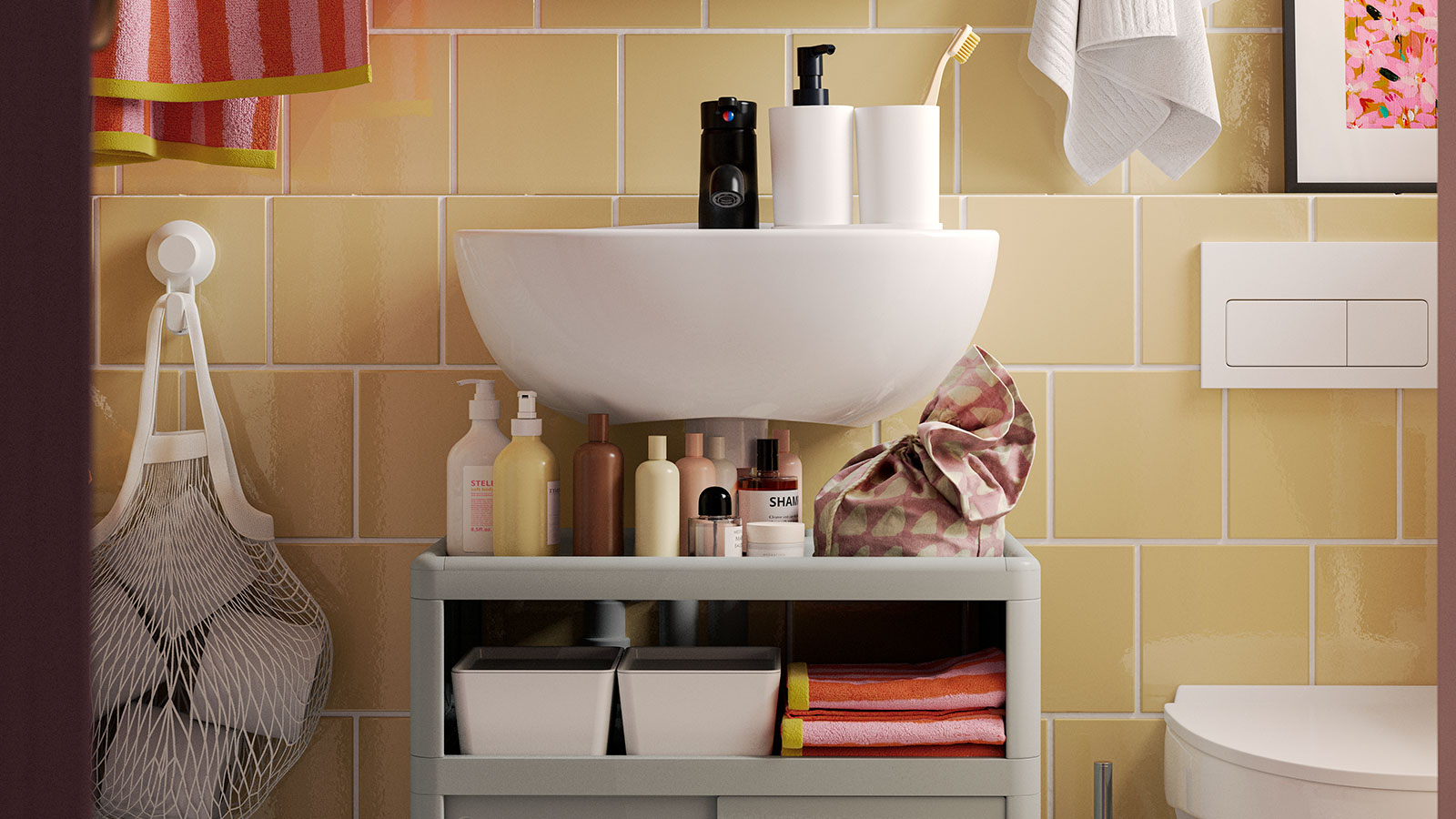 bathroom sink and green shelf
