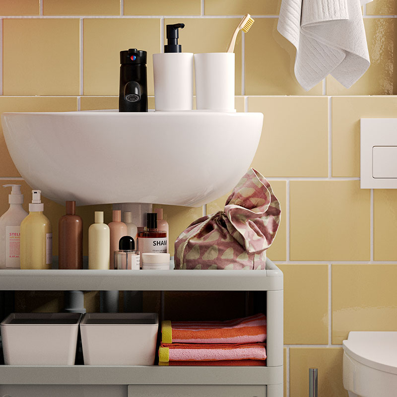 bathroom sink and green shelf