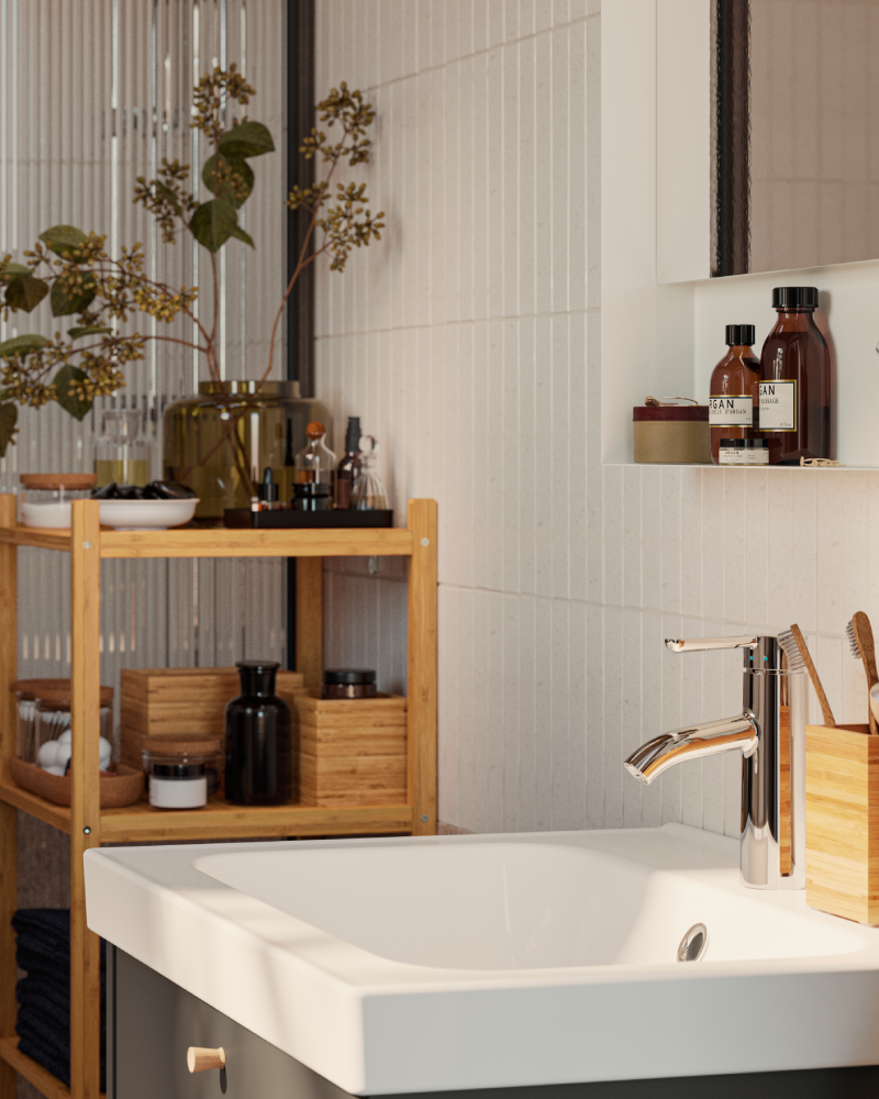 Modern bathroom with a glass shower enclosure: wooden shelf with a glass vase and artificial flowers, a washbasin and a square mirror with LED lighting. An elegant, minimalist design.