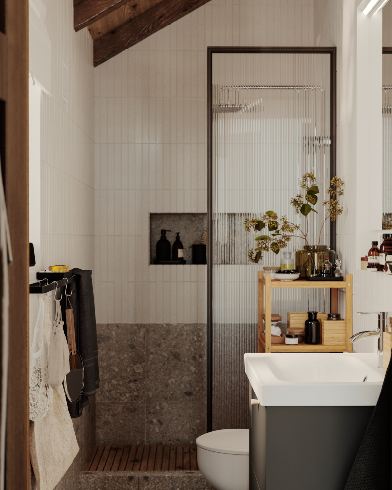 A modern, natural-style bathroom with a walk-in shower, a white washbasin and wooden shelving.