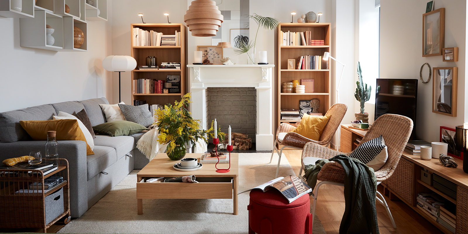 Warm and bright living room with wooden furniture and natural textiles.