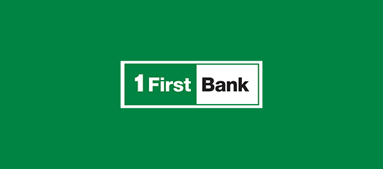 The "1 First Bank" logo centered on a solid green background, enclosed within a rectangular border divided into green and white halves.