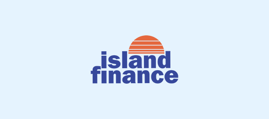 The "Island Finance" logo featuring blue typography under a semi-circular orange sun, centered on a light blue background.