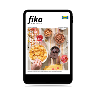 A digital tablet in portrait orientation displaying the cover of IKEA's "fika MAGAZINE" on its screen, against a white background.