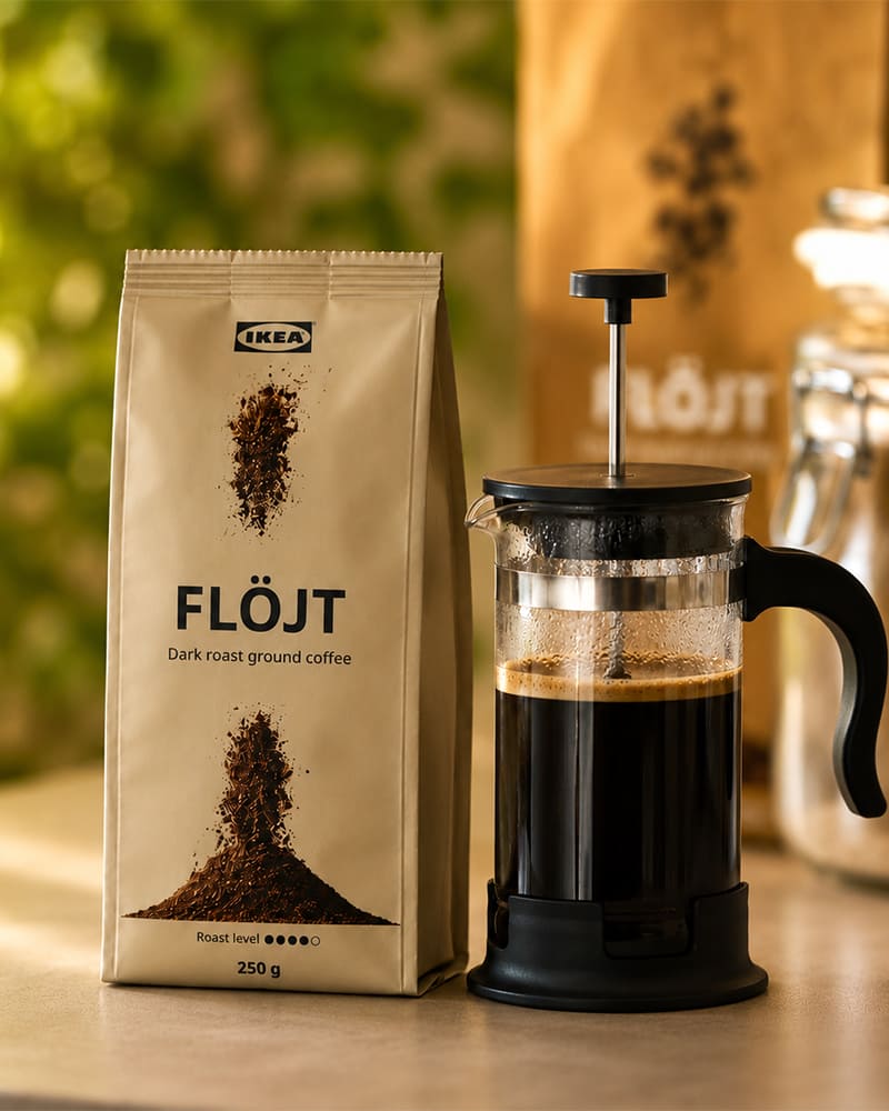 Pack of FLÖJT ground coffee next to a French press filled with brewed coffee.