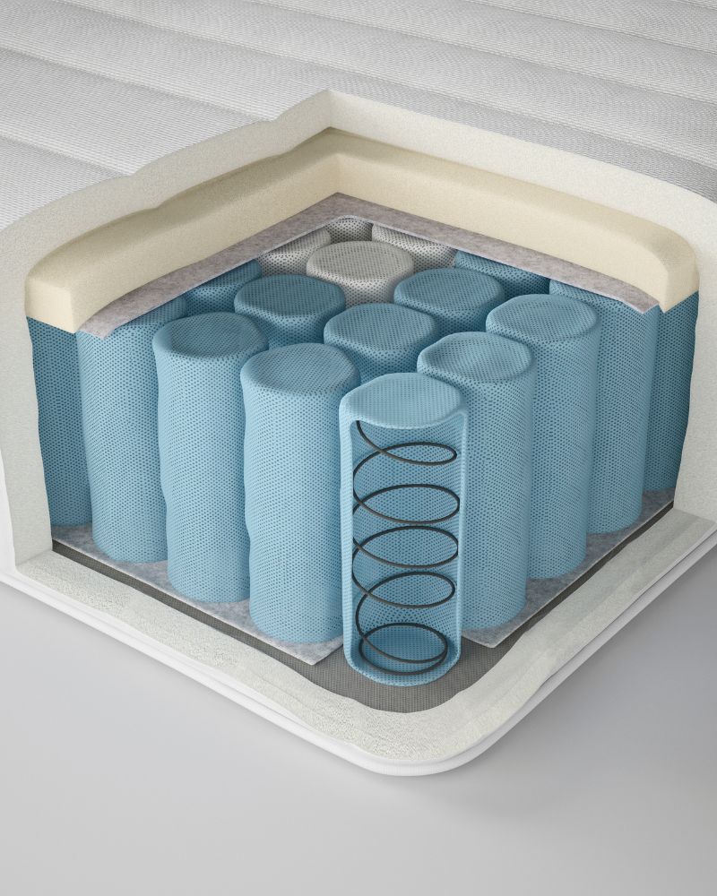 Supportive bedroom with VALEVÅG hybrid mattress, featuring pocket springs and foam layers for comfort and pressure relief.