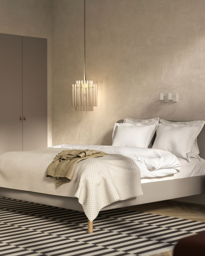 Elegant bedroom with SAGESUND upholstered queen bed, HAMPFLOCKEL duvet set, JAKOBSLILJA throw and STOCKHOLM 2025 pendant lamp.