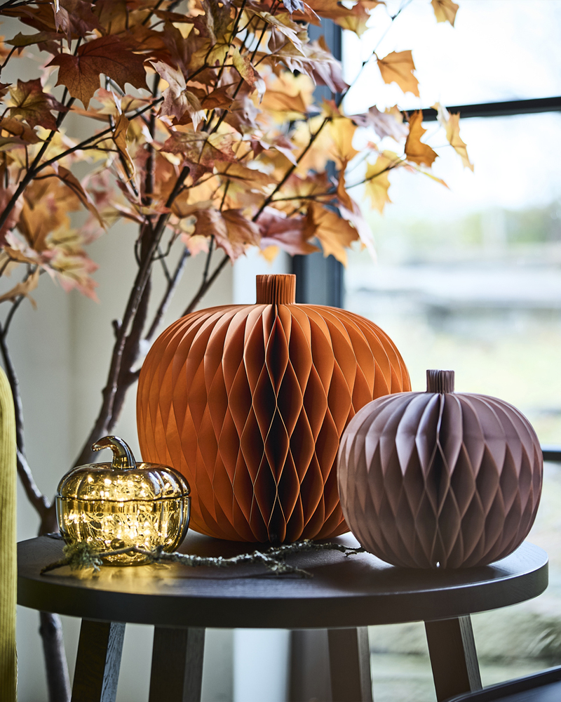 A set of two HÖSTAGILLE decoration paper pumpkins and a pumpkin-shaped bowl with lid are on a side table next to a window.