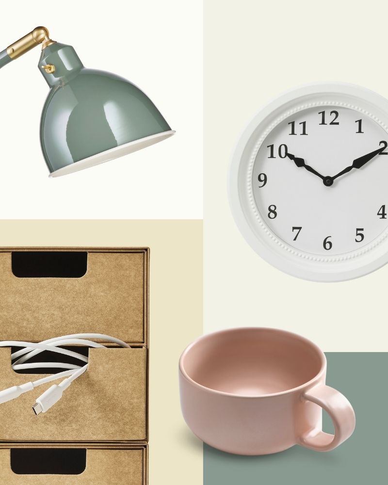 Organized workspace with GÄRDESGÅRD drawer unit, RÖDFLIK desk lamp, BLOMVECKLARE mug and SÖNDRUM clock