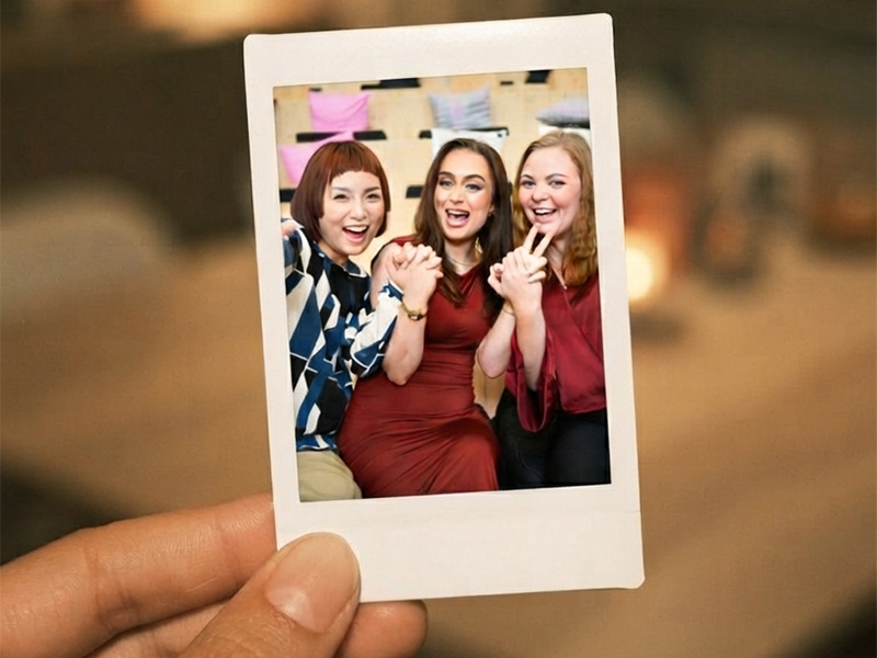 Hand holding instant photograph of three smiling women posing together.